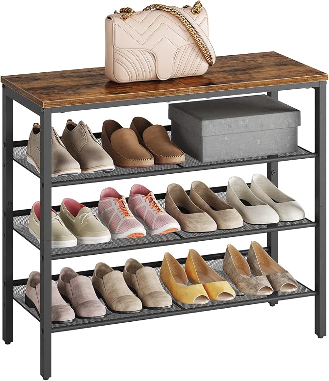 HOOBRO Shoe Rack for Entryway, 4-Tier Shoe Organizer with Adjustable Mesh Shelves, 12-16 Pairs of Shoes, Spacious Floor Mount, Metal, Industrial, Shoe Shelf for Closet, Rustic Brown BF42XJ01 - Image 6