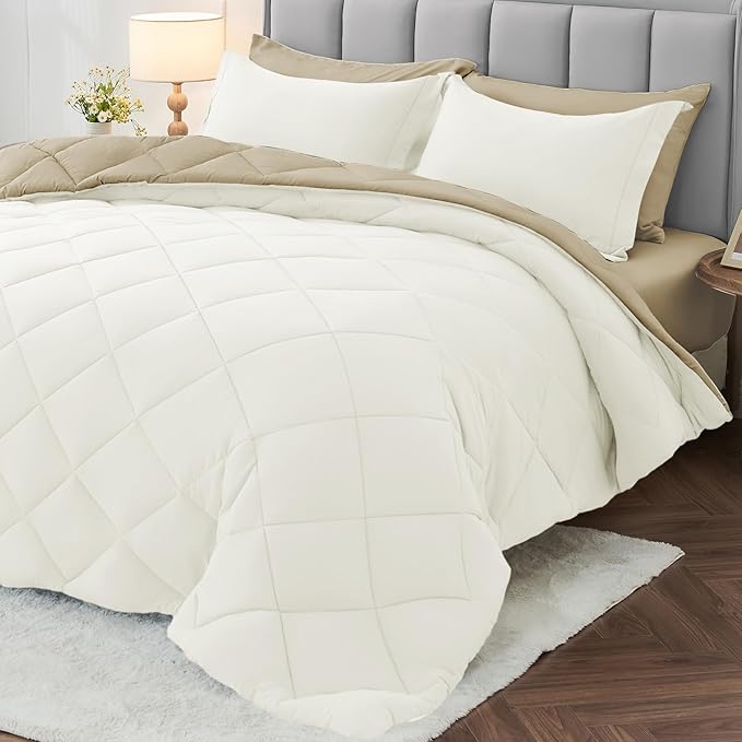 MUXHOMO 5 Pieces Twin XL Comforter Set, Reversible Bed in a Bag Twin XL Size, All Season Bedding Set with Comforter, Flat Sheet, Fitted Sheet, Pillowcases & Shams, Ivory & Khaki