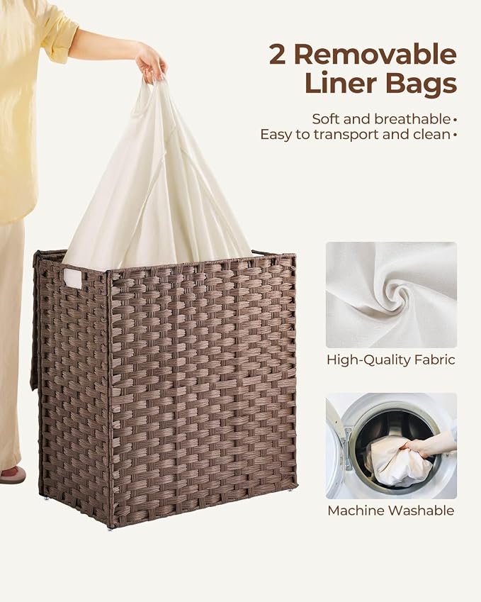 Greenstell Laundry Hamper with lid, No Install Needed, 110L Wicker Laundry Baskets Foldable 2 Removable Liner Bags, 2 Section Clothes Hamper Handwoven Rattan Laundry Basket with Handles, Brown - Image 3