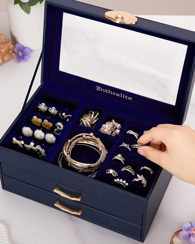 Enthralite Jewelry Box with 2 Drawers: Display Organizer for Earrings Necklaces - Gifts for Girls Women (Dark Blue) - Image 6