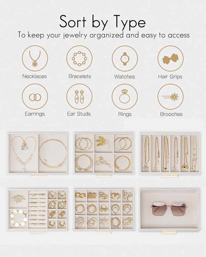 VLANDO 6 Layer Jewelry Box for Women, Glass Lid Jewelry Organizer with 6 Drawers for Necklaces Rings Earrings Bracelets - White - Image 4