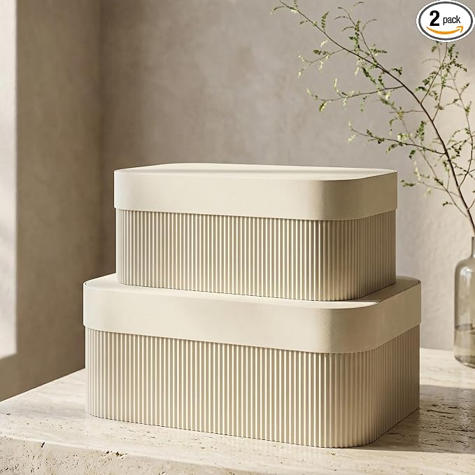 Decorative Storage Boxes with Lids – Set of 2 Beautiful Fluted Cardboard Organizer Bins for Your Home Bookshelf Decor to Safely Store Your Documents, Memory Box Items and Other Keepsakes in Style by ZICOTO