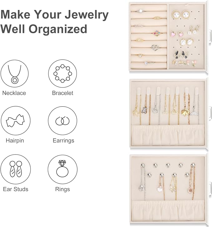 DesignSter Jewelry Box Organizer, Jewelry Box for Women, PU Jewelry Organizer Display Case with Side Drawers, Jewelry Storage for Earring Necklace Ring Bracelet Watch - Image 2