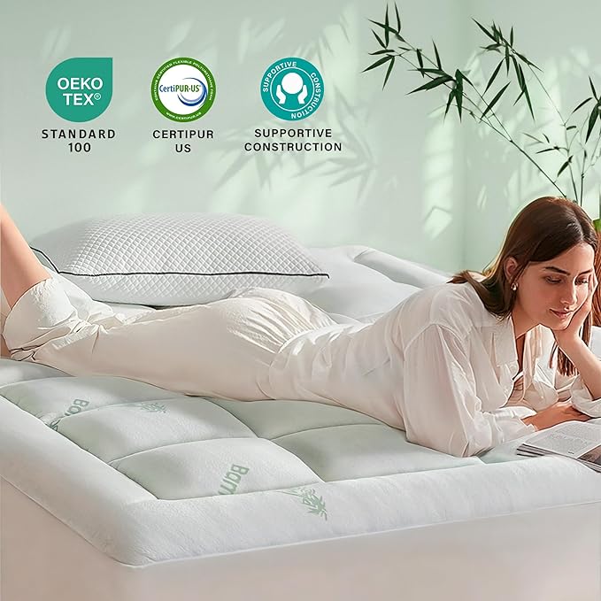 Anluoer Memory Foam Mattress Topper Queen, Rayon Derived from Bamboo Pillow Top Mattress Topper for Back Pain Relief, Cooling Soft Mattress Pad with 8-21" Deep Pocket, 60x80 Inches, White