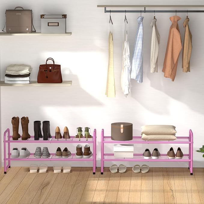 SUFAUY 2 Tier 33" Wide Shoe Rack, Closet Metal Wire, Stackable, Pink - Image 4