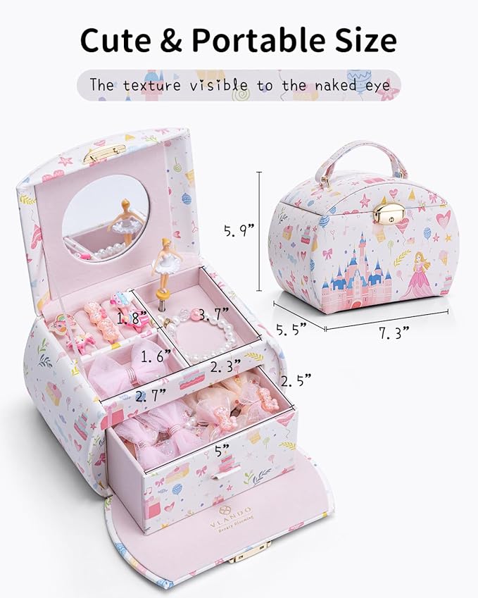 VLANDO Musical Jewelry Box for Girls Kids with Drawer, Music Box with Ballerina and Stickers for Birthday Bedroom Decor, Fantasy Princess - Image 2