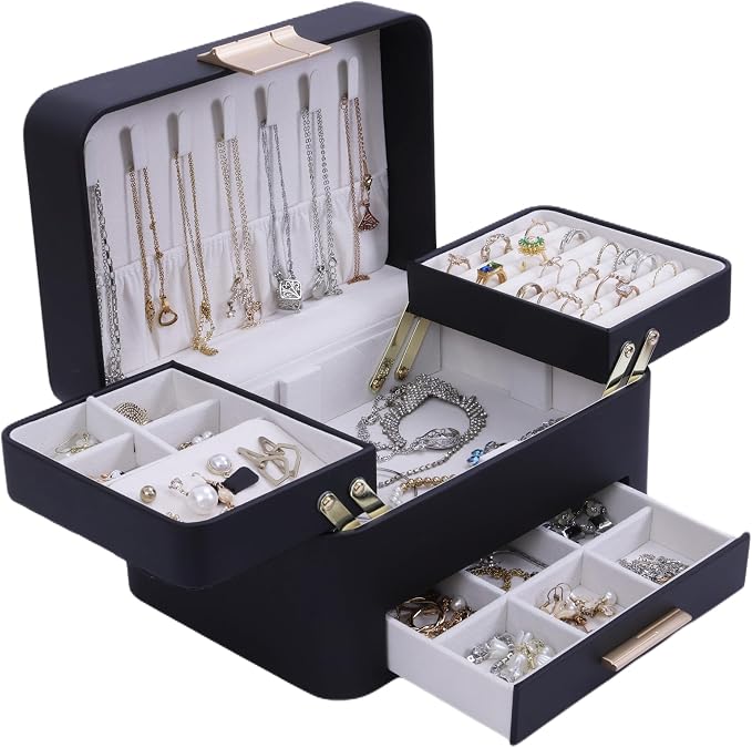 KAMIER Jewelry Box, Jewelry Organizer with Drawers, 3 Layers Jewelry Storage Organizer for Earring, Ring, Necklace, Bracelets, Gift for Women, Girls, Men, Black by KAMIER