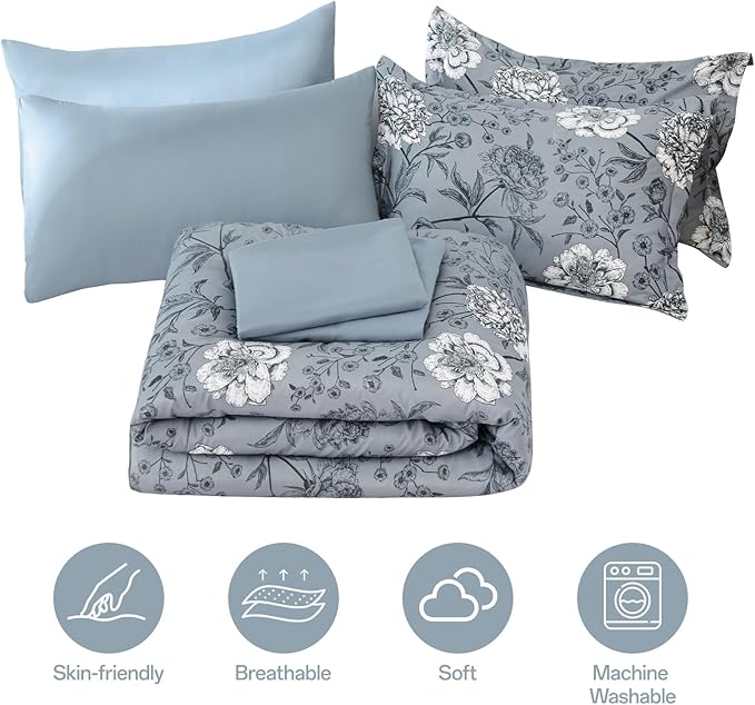 Yiran Queen Size Comforter Set 7 Piece Bed in a Bag Blue Floral Botanical Soft Microfiber Bedding Set Comforter for All Season Bed Set 90"×90"