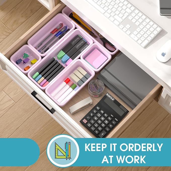 6 PCS Drawer Organizer Set, 3 Size Makeup Drawer Divider Organizer With Non-Slip Pads, Interlocking Plastic Storage Bins for Office,Jewelry Vanity,Gadgets, Bathroom,Kitchen, Purple - Image 4