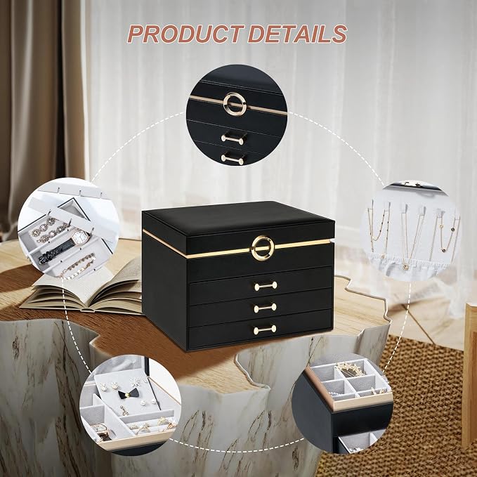 Jewelry Box，4-Layer Large Jewelry Organizers for Women with 3 Drawers,Storage Modern Style Jewelry Boxes Storage of Earrings Rings Bracelets Necklace（Black） - Image 7