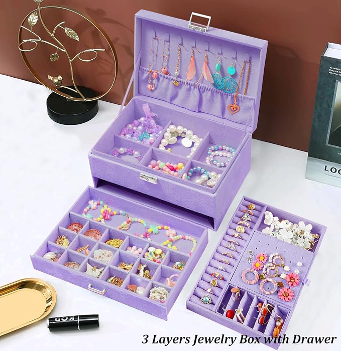 QBestry 3-Layer Jewelry Box for Girls & Teens with Lock and Key, Large Jewelry Organizer with 8 Necklace Hooks & 56 Earring Holes, Violet Velvet Jewelry Storage Box for Necklace Earring Ring Bracelet - Image 3