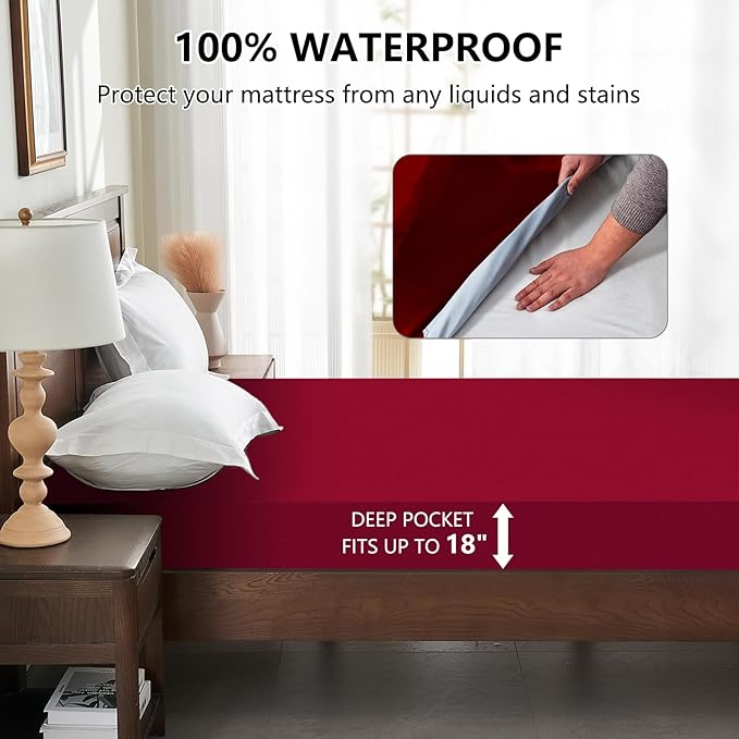 Twin Mattress Protector Waterproof, Breathable Mattress Cover Twin Size Bed, Noiseless Washable Fitted Sheet with Deep Pocket Up to 18", Machine Washable, WineRed (39'' X 75'')