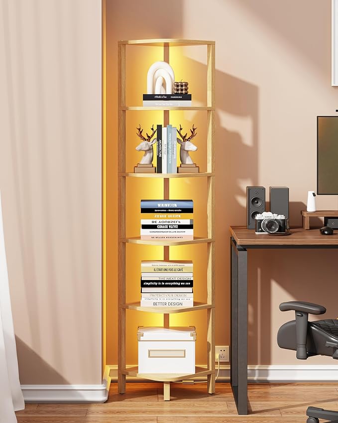 TUTOTAK Corner Shelf with LED Light, 6-Tier Corner Bookshelf for Small Space, Narrow Display Corner Shelf Stand with Storage Rack, for Living Room, Bedroom, Natural BS08BN006L by ChoosetutotakFurnitureBuildYourCozyHome