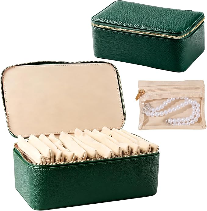 Travel Jewelry Organizer, Travel Jewelry Box with 12 Velvet Zipped Pouches Bags for Jewelries Necklaces Rings Earrings Sorting Storage for Women Girl Gifts, Mint Green by Yaliang