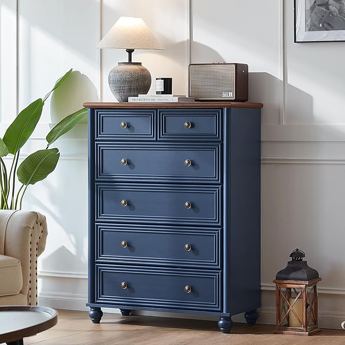 RWYHG Farmhouse 6 Drawer Dresser, Blue Chest of Drawers, 43.5" Tall Dressers for Bedroom with Roman Column and Metal Handles, Rustic Wood Storage Organizer for Living Room, Hallway, Closet