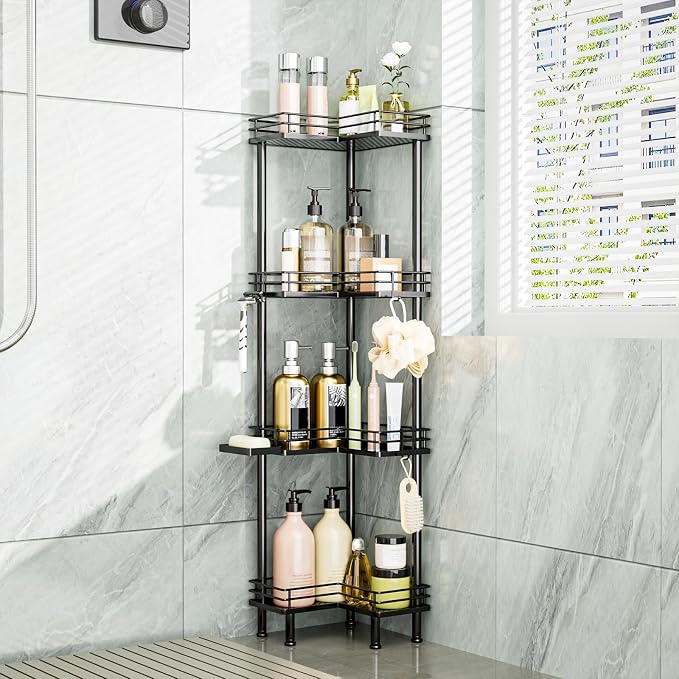 Consumest Corner Shower Caddy Standing - 4-Tier Stainless Steel Shower Organizer with Soap Holder and 4 Hooks, Large Capacity Corner Shelf Stand for Bathroom, Rest Room, Black by Consumest