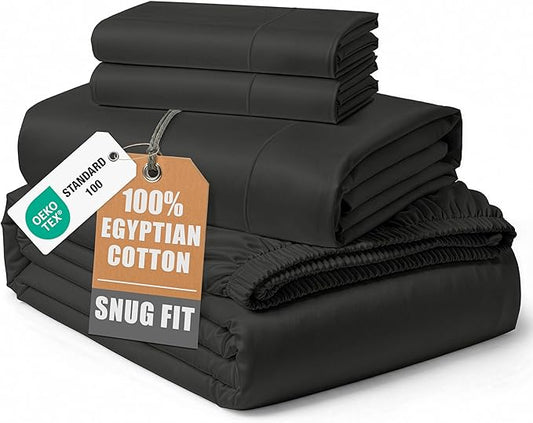 100% Egyptian Cotton Bed Sheets King Size – Silky Sateen Weave for Warm Winter Comfort, 15" Deep Pocket King Sheets, Naturally Breathable, Ultra-Soft Durable Hotel-Quality Luxury Bedding - Black