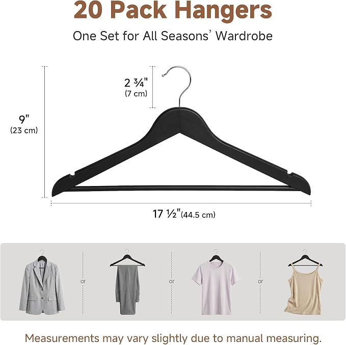 StorageWorks Black Wooden Hangers 20 Pack, Heavy Duty Wood Hangers for Closet, Clothes Hangers for Coats, Shirts, Pants, Suits - Image 2