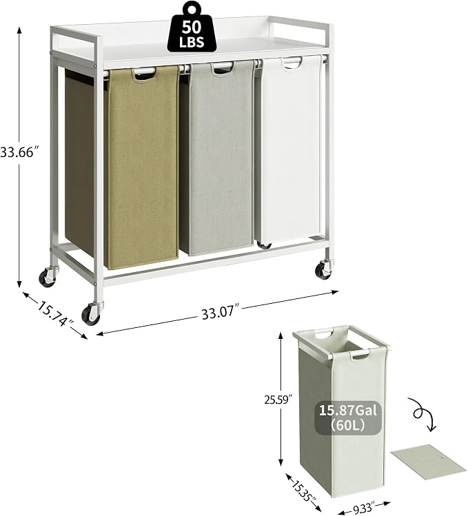 Herture Laundry Hampers with Shelf, Laundry Basket 3 Section, Laundry Sorter with Pull-Out Removable Large 3 Color Bags and Movable Wheels, Metal Frame, 3 x 15.87 Gallons (60L), White PF04XLE - Image 4