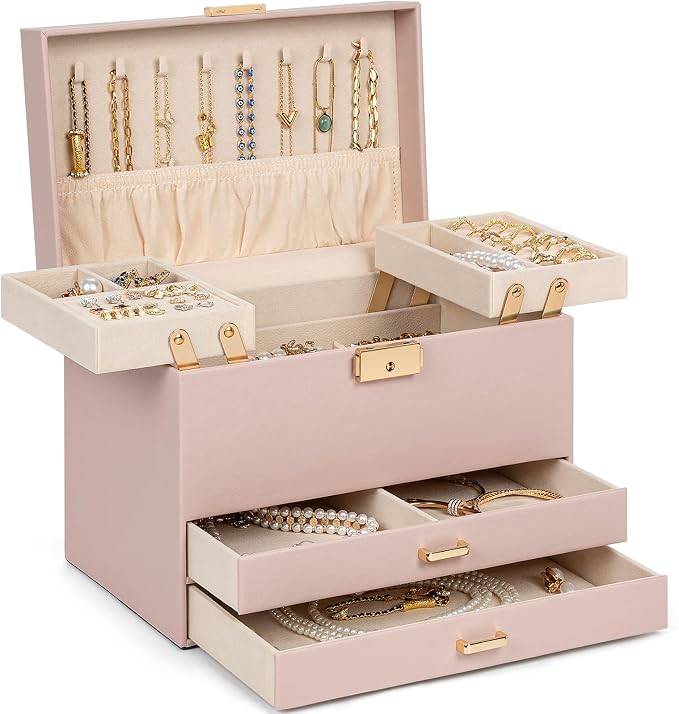 AKOZLIN Travel Jewelry Box Organizer Functional 2-trays Leather Jewelry Storage Case with Lockable Portable 2 Drawers for Women Girls Ring Necklace Earring Bracelet by AKOZLIN