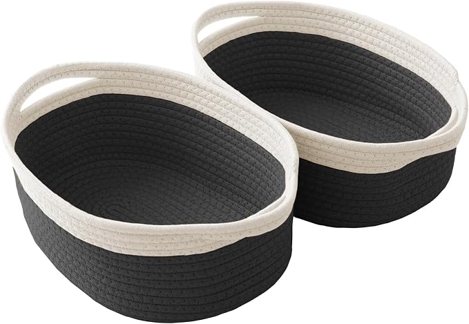 JMvicyroam Woven Basket, Small Rope Storage Bin with Handles & Ribbon Bag, Organizer for Shelves Closets,Gift Basket Empty for Birthday,Books,Dog Toys,White&Black/2 Pack by JMvicyroam