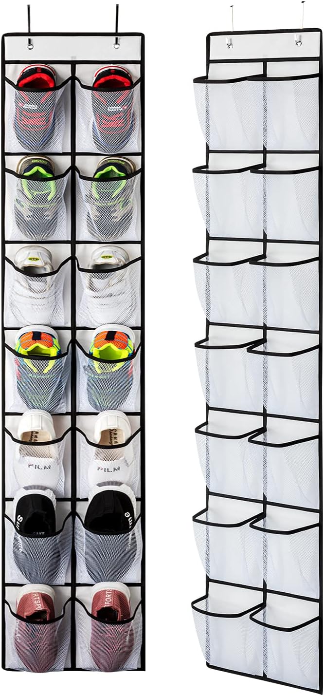 KEEPJOY Over the Door Shoe Organizer, Hanging Shoe Organizer with 4 Hooks, Shoe Holder with 14 Mesh Pockets Closet Door Shoe Storage Bag (White-2Pack) - Image 7
