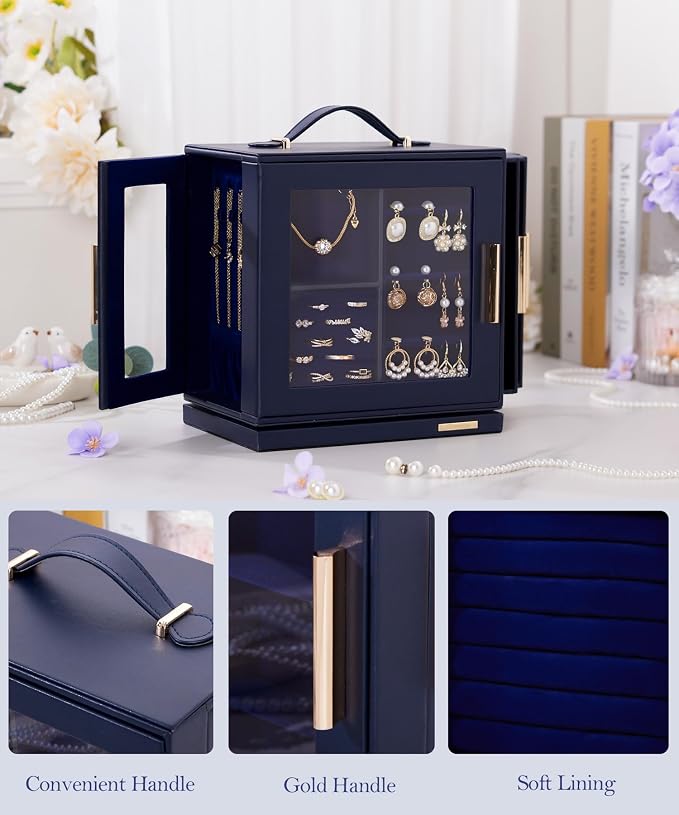 Homde Mothers Day Gifts Jewelry Box for Women Large: Rotating Organizer for Ring Earring Necklace Bracelet - 7 Drawers Storage for Dresser (Dark Blue) - Image 5