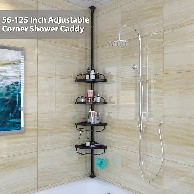 Shower Caddy,Shower Caddy Tension Pole with 4 ABS Baskets,Shower Storage Shelf with 56 to 125 Inch Adjustable Stainless Pole for Bathroom Black - Image 2
