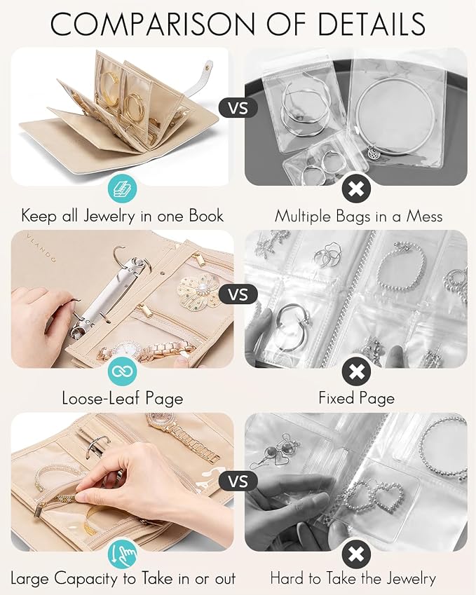 VLANDO Travel Jewelry Case,Jewelry Organizers and Storage Jewelry Book Ring Binder with Clear Zipper Velvet Jewelry Pouches Bags for Rings,Necklace,Earrings-White - Image 5