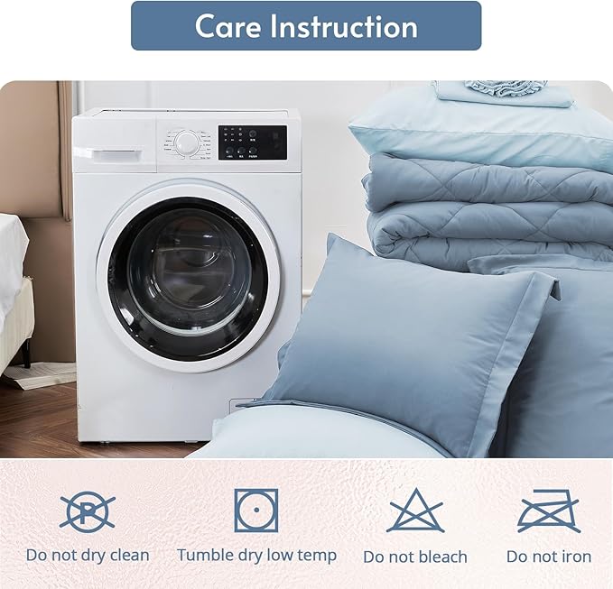 MUXHOMO 7 Pieces Full Comforter Set, Reversible Bed in a Bag Full Size, All Season Bedding Set with Comforter, Flat Sheet, Fitted Sheet, Pillowcases & Shams, Mineral Blue & Light Blue