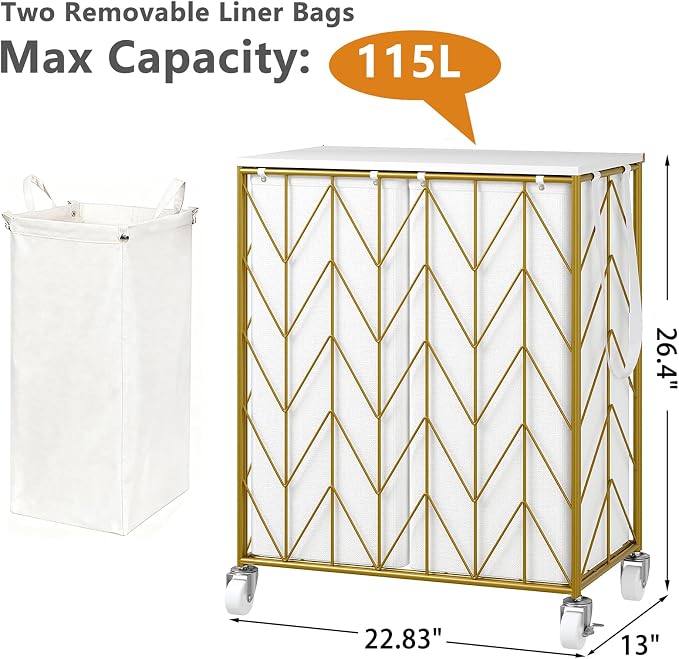 WOWLIVE Laundry Basket with Wheels, Heavy Duty Laundry Hamper with Wood Lid, Clothes Hamper with Divided Removable Liner Bag, Large Capacity Iron-Made Laundry Sorter Laundry Room Organization (Golden) - Image 3