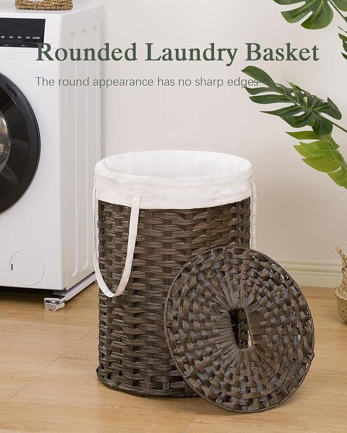 SETVSON Laundry Hamper with Lid, 19.0 Gal (72 L) Round Wicker Laundry Basket, Handwoven Rattan Basket with Lid, Removable Bag, 2 Mesh Bags, Handles for Living Room, Bathroom, Brown - Image 2