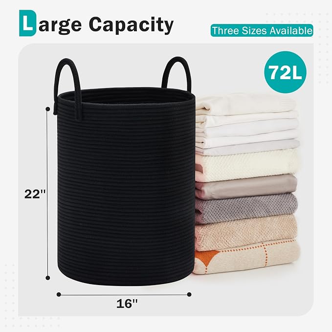 Cotton Rope Laundry Hamper by YOUDENOVA, 72L - Woven Collapsible Laundry Basket - Clothes Storage Basket for Blankets, Laundry Room Organizing, Bedroom Storage, Clothes Hamper – Black - Image 2