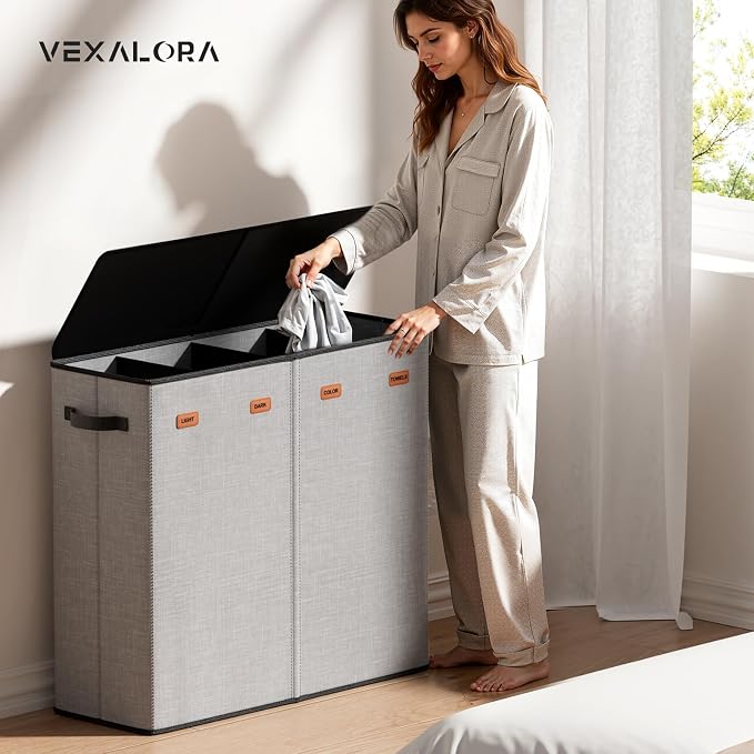 Laundry Hamper 4-Section with Lid, 185L Laundry Sorter with 4 Removable Bags + 1 Extra Large Bag, Switchable 3/4 Compartment, Laundry Basket Organizer for Bedroom, Laundry Room，Grey - Image 2