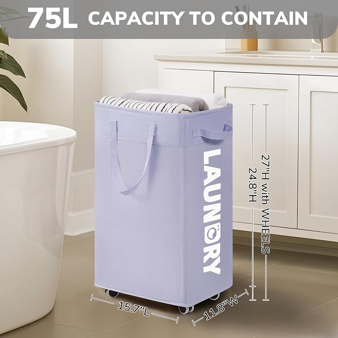 Goodpick Laundry Basket with Wheels,75L Collapsible Laundry Baskets with Removable Wash Bag, Clothes Laundry Hamper on Wheels, Light Purple - Image 3