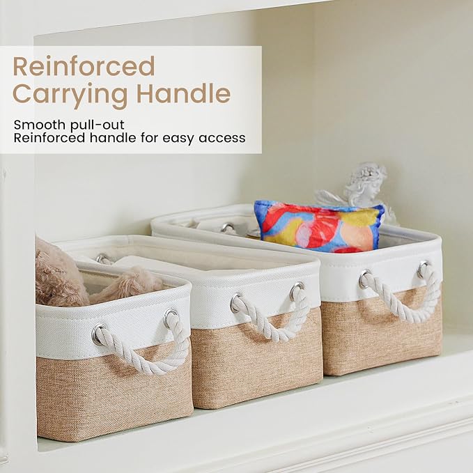 Storage Baskets for Shelves 11.8x7.9x5.2 Inch, Foldable Fabric Storage Bins with Handles, Small Storage Baskets for Organizing Closet, Office, Home Organization (3-Pack, White&Khaki) - Image 3