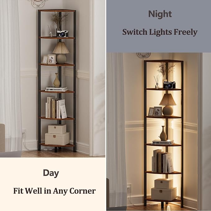 Furnulem 6 Tier Corner Shelf with LED Light, 67.5” Tall Standing Shelf Organizer, Narrow Bookshelf with Storage Rack for Wall Corner, Living Room, Bedroom, Metal Frame, Wood Display Shelf - Image 4