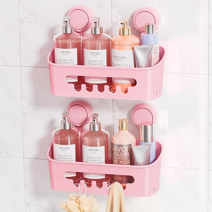 LEVERLOC Shower Caddy Suction Cup 2 Pack, Shower Organizer Removable Bathroom Shelf, Storage for Inside Shower Powerful Suction Max Hold 22lbs Waterproof Holder, Pink by LEVERLOC
