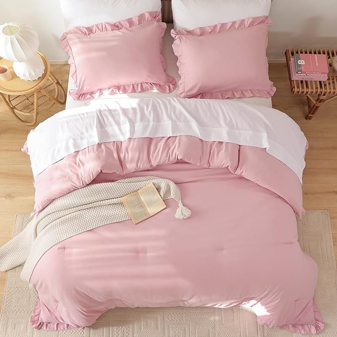 JANZAA Queen Comforter Set Baby Pink Ruffle Comforter with 2 Pillowcase Soft Queen Size Bed Set Vintage Farmhouse Bed Comforter Set Fluffy Shabby Chic Bedding for All Season