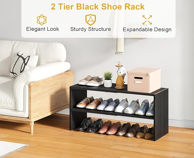 Black Shoe Rack Organizer for Closet, 2-Tier Expandable Shoe Shelf, Stackable Iron Wood Combination Small Shoe Racks Shelves for Closets, Entryway,Small Space,Hallway,Garage,6-12 Pairs - Image 3