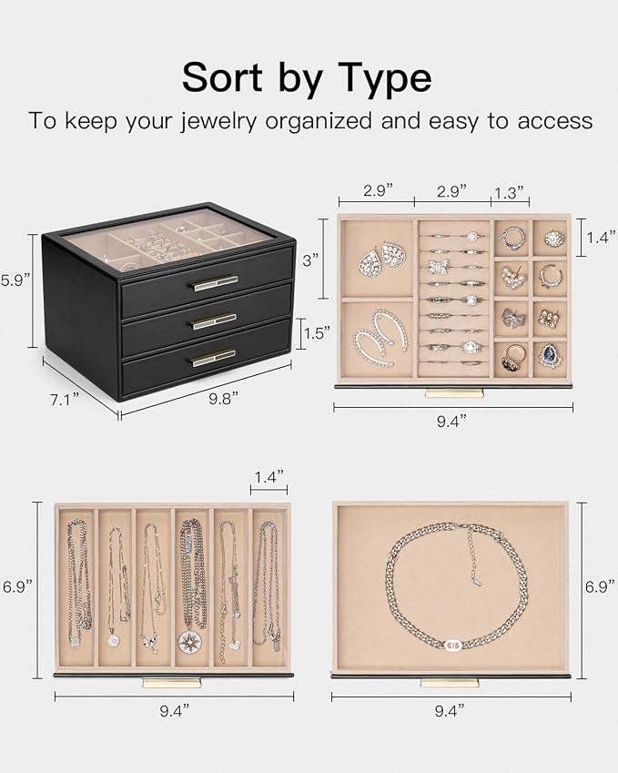 VLANDO Jewelry Box for Women, Glass Lid Jewelry Organizer with 3 Drawers for Necklaces Rings Earrings Bracelets - Black - Image 5