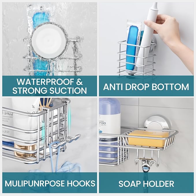 TAILI Shower Caddy Suction Cup, 3 Pack Shelves for Inside with Hooks & Soap holder Toothbrush Cups, Removable Bathroom Organizer, Rustproof Silver Holder Storage-Silver - Image 9