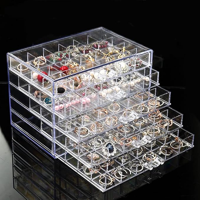 YUFONG Earring Storage Box Organizer, Acrylic Jewelry Storage Box Holder 5 Drawers Transparent Jewelry Display Stand with 120 Small Compartments Gift Boxes for Women Girls (Clear) by YUFONG