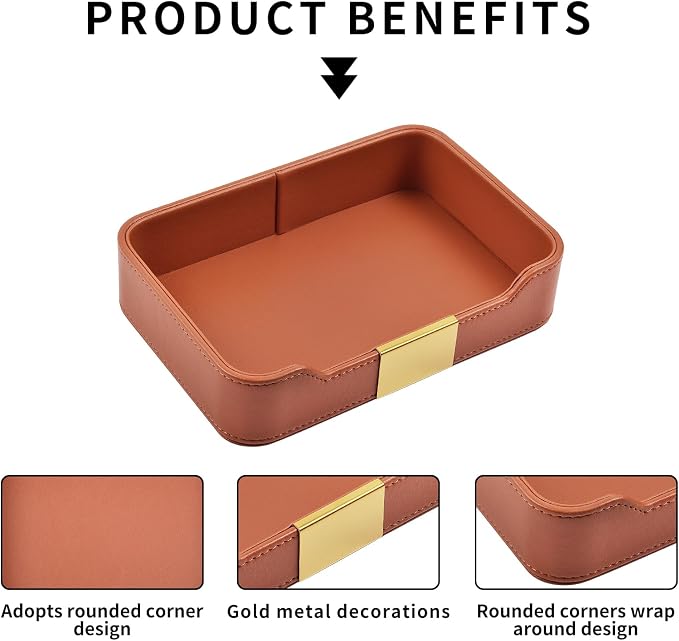 Luxury Leather Valet Tray Desktop Storage Organizer,Bedside Vanity Catchall Tray Nightstand Caddy Holder for Cosmetic,Jewelry,Watch,Keys,Phone,Wallet,Remote Controller,Pen,Orange - Image 5