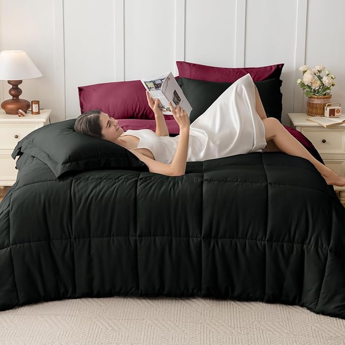 JOLLYVOGUE Twin Comforter Set, Ultra-Soft Bed in a Bag Twin Size 5 Pieces, Oeko-TEX Certified Bedding Set with Down Alternative Comforter, Sheets, Pillowcases & Shams, Burgundy & Black