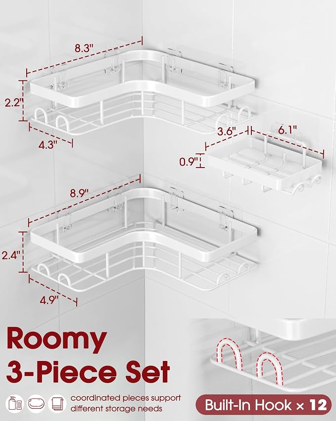 Sakugi Corner Shower Caddy - 3-Pack Shower Organizer with Soap Holder & Built-In Hooks, Rustproof Metal Shower Shelves, Laundry, Kitchen, Bathroom Organizers and Storage Solution, Large, White - Image 2