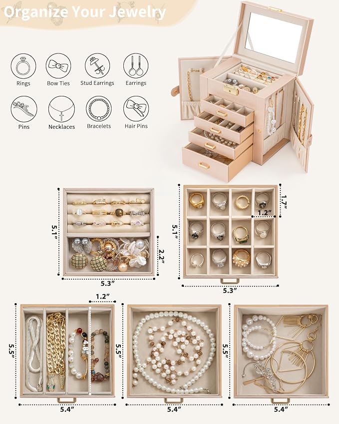 AKOZLIN 5-Tier Jewelry Box Leather Jewelry Storage Organizer with 4 Drawers Lockable for Women Girls Ring Necklace Earring Bracelet Watches Holder with Mirror Champagne - Image 3
