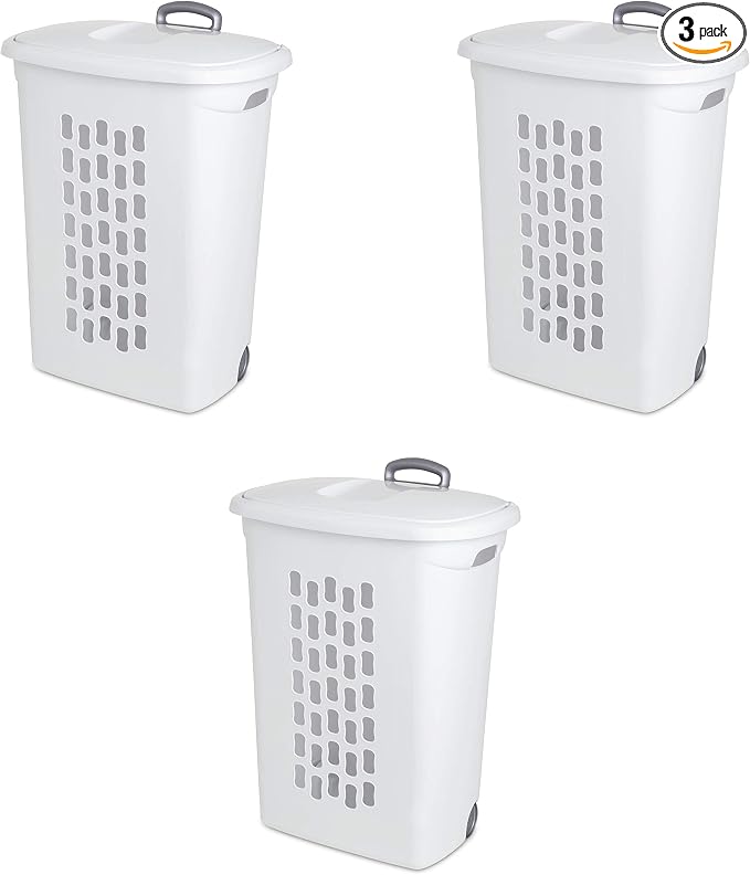 Sterilite 3 pack Ultra Wheeled Hamper, Laundry Basket w/Flip-Top Lid & Retractable Handle - Plastic Rolling Clothes Storage Cart with Ventilated Holes for Home, Apartment or Dorm by Sterilite