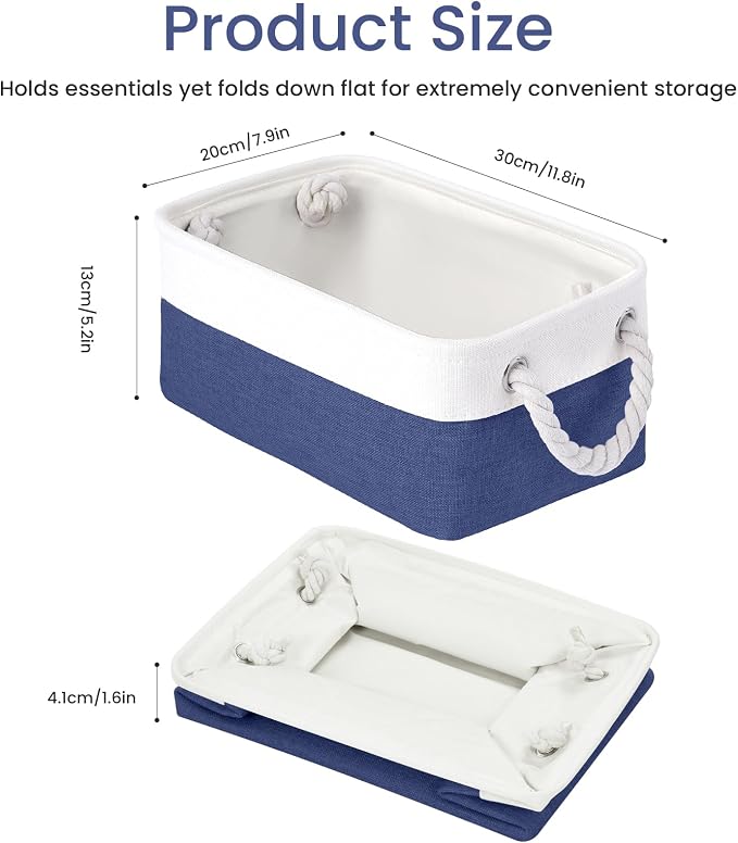 Storage Baskets for Shelves 11.8x7.9x5.2 Inch, Foldable Fabric Storage Bins with Handles, Small Storage Baskets for Organizing Closet, Office, Home Organization (6-Pack, White&Blue) - Image 4