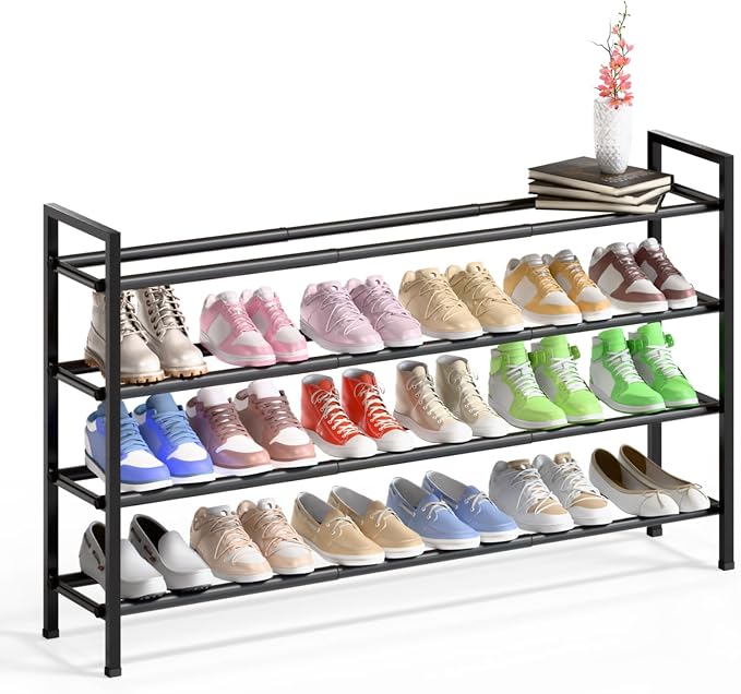 Bumusty 4-Tier Long Expandable Shoe Rack for Closet, 18"-44" Adjustable Shoe Rack for Entryway, 20-24 Pairs Large Shoe Organizer Shelf Storage, Sturdy Metal, Black by BUMUSTY